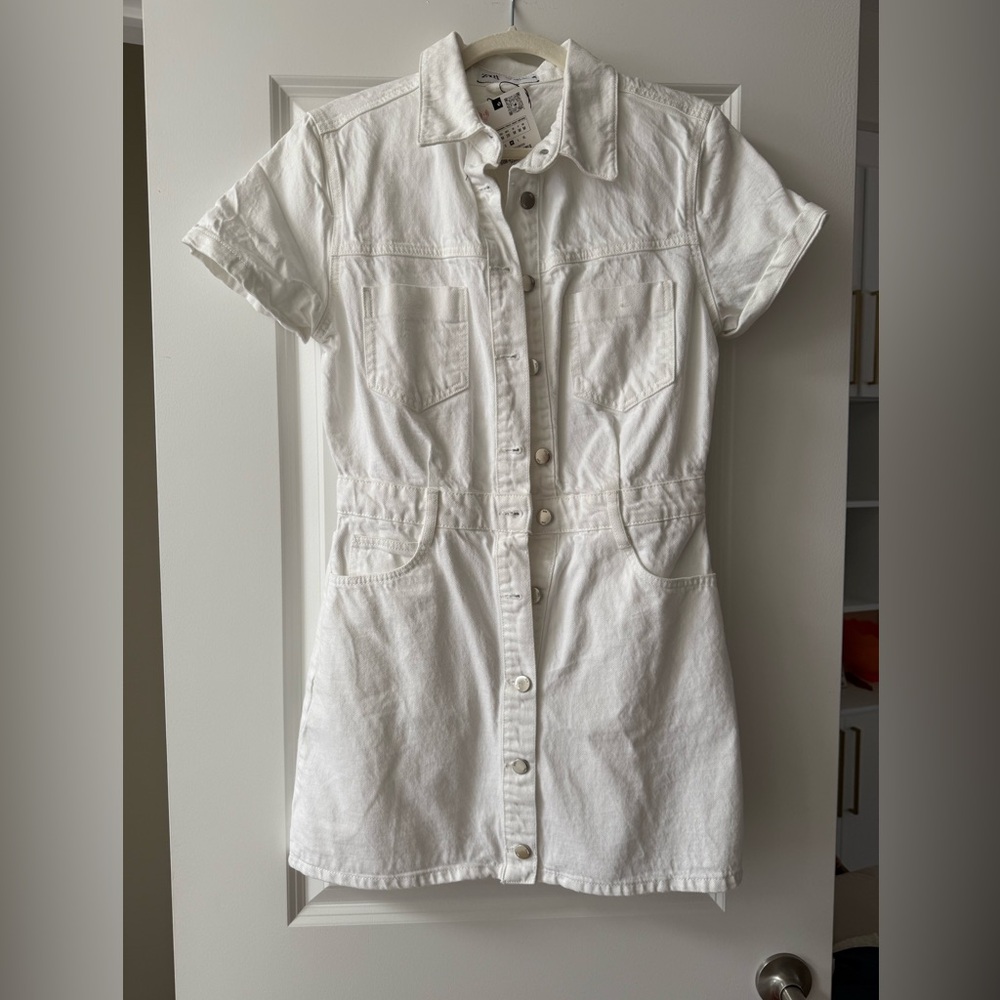 Zara White Short-Sleeve Button-Up Denim Mini Dress
